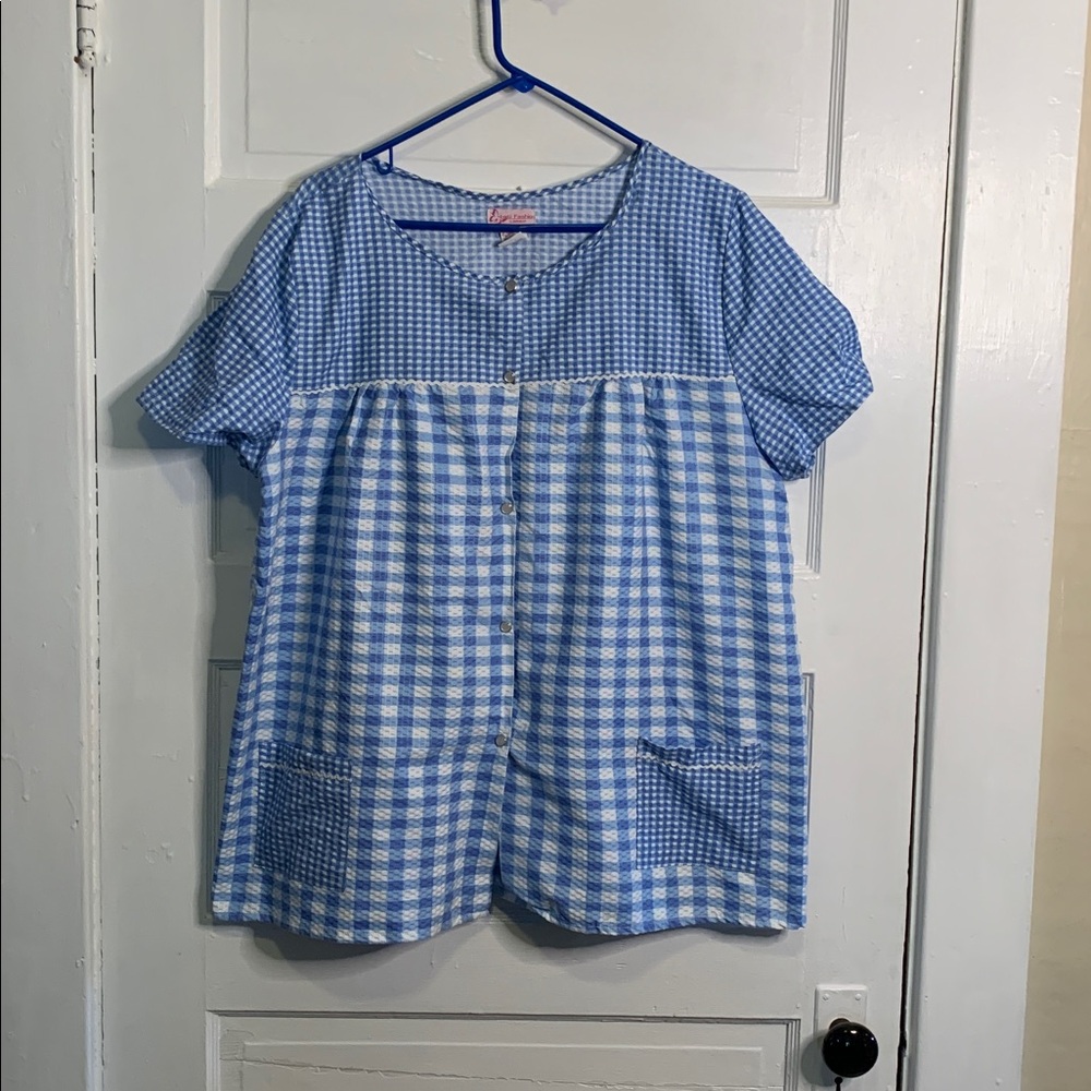 Lati Fashion Blue Checkered Button-Up Pajama Top